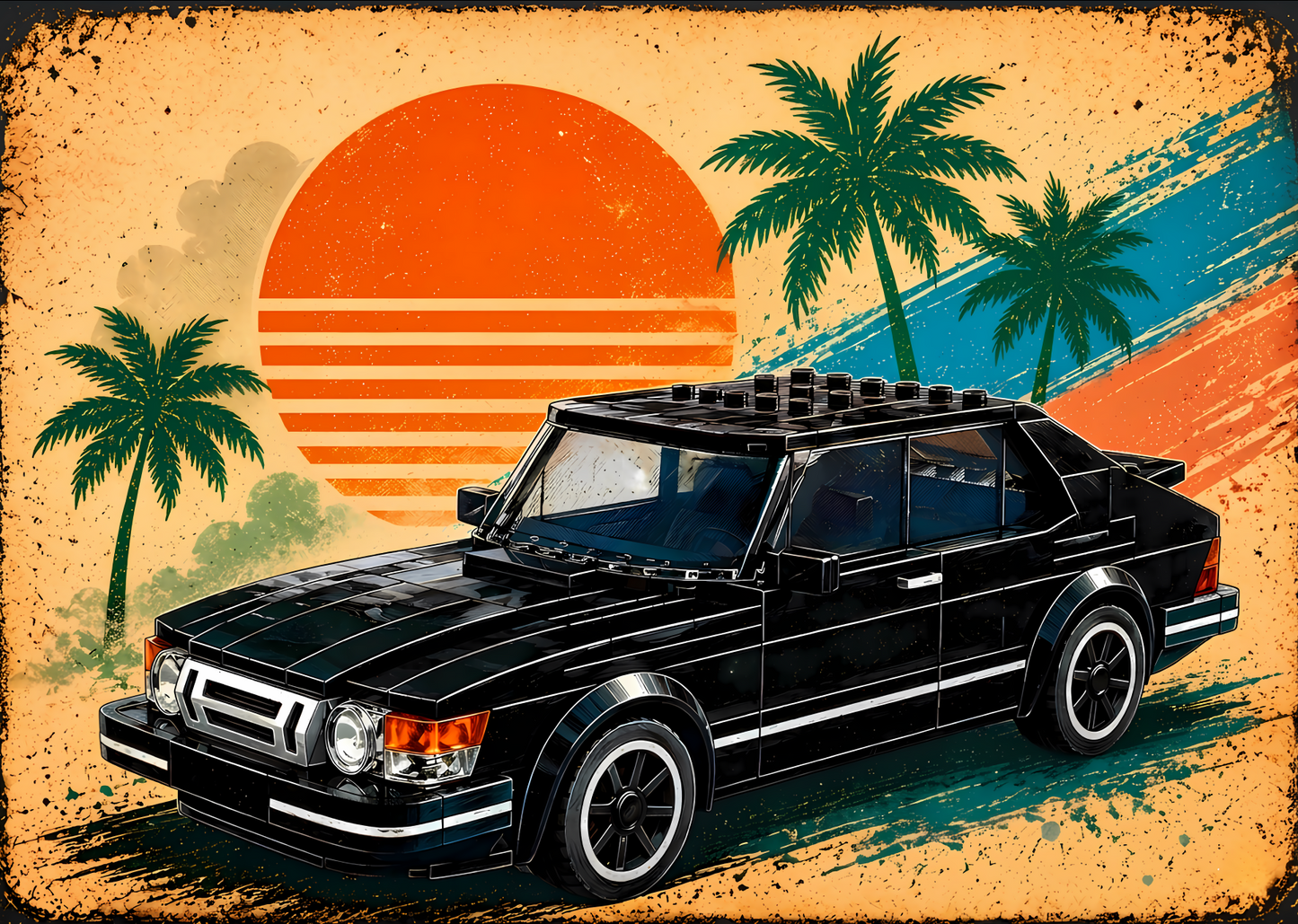 Retro Bilposter med Solnedgång | Synthwave Väggkonst A2 & A3