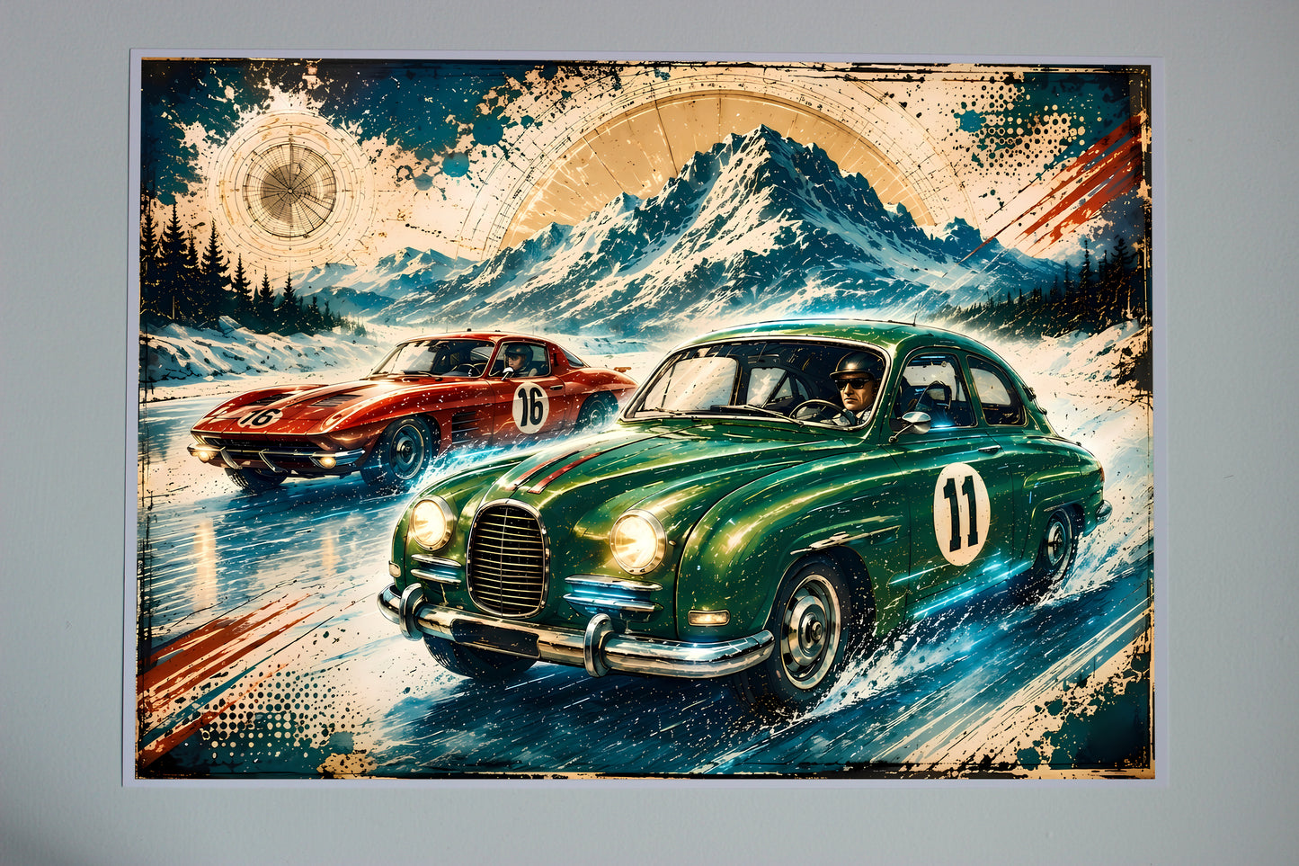 Vintage Rallybil Poster – Klassisk Racingkonst med Bergslandskap | Retro Väggdekor