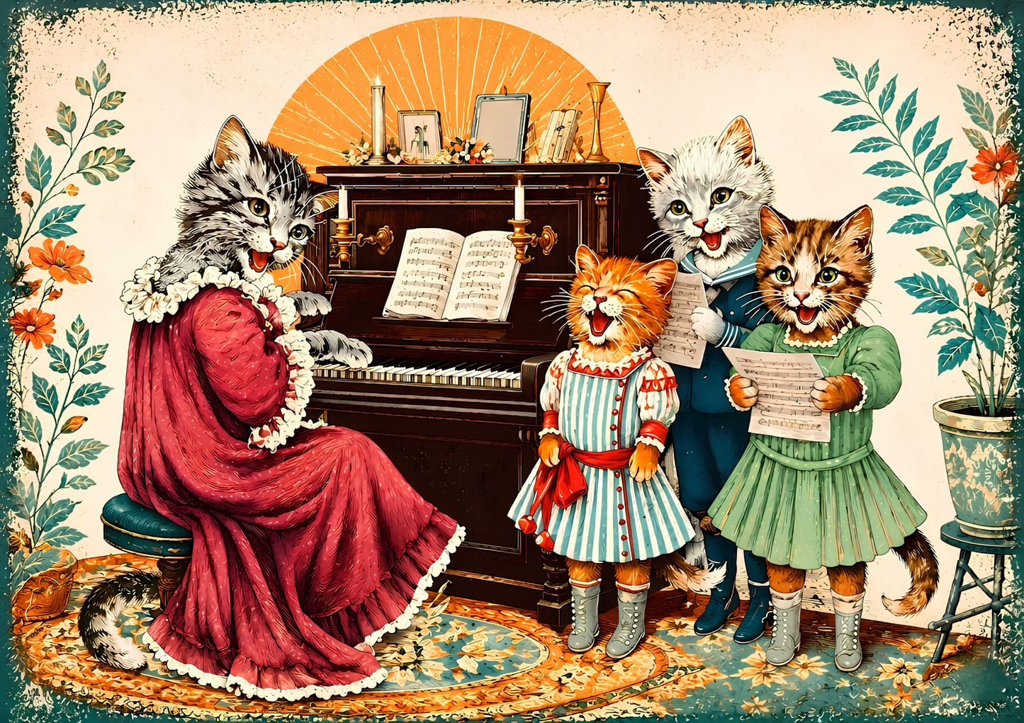 Kattfamilj vid Pianot – Vintage Kattposter