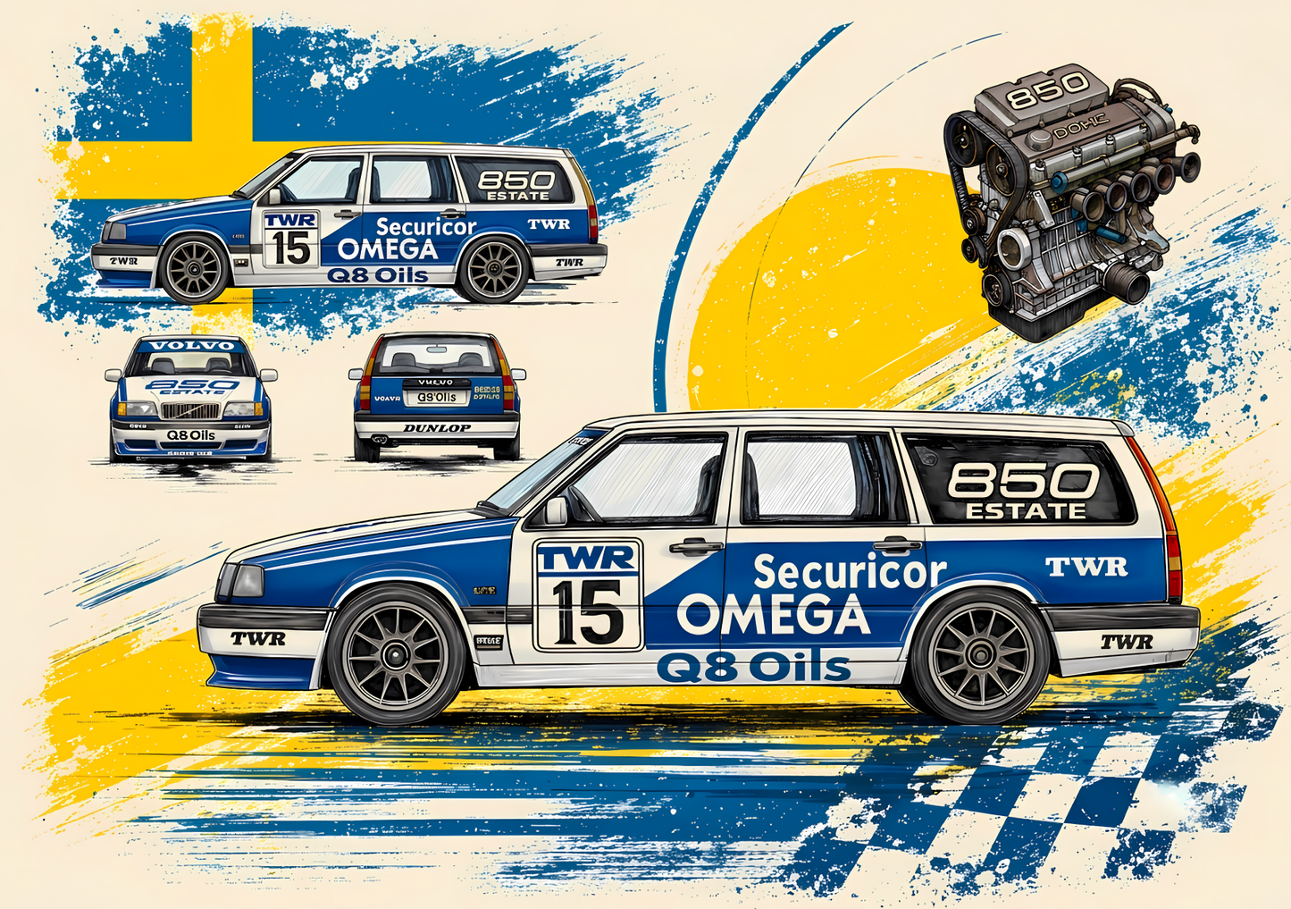 Retro Racing Wagon Poster – Scandinavian Motorsport Wall Art A2 & A3