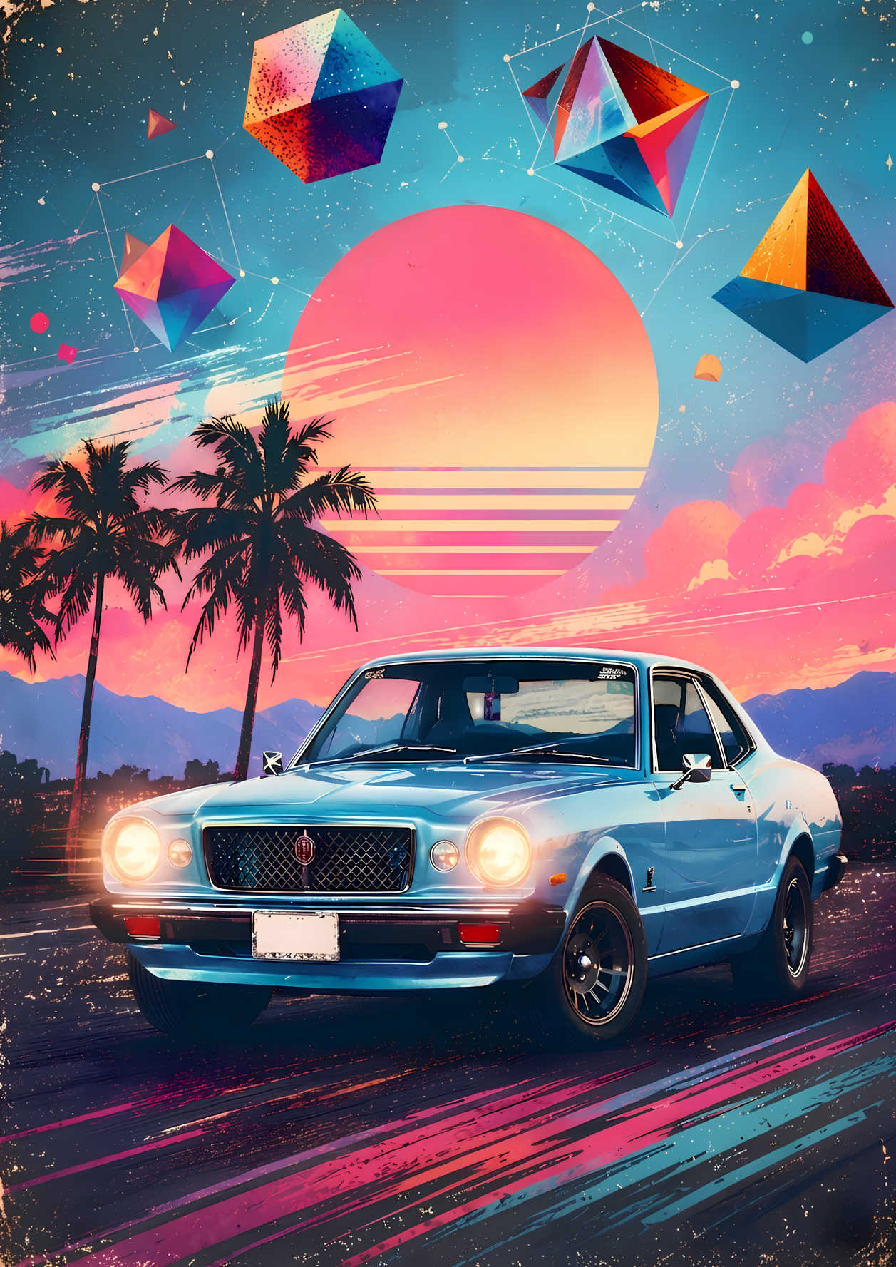 Retro Sunset Muscle Car Poster – Synthwave & Vaporwave Wall Art