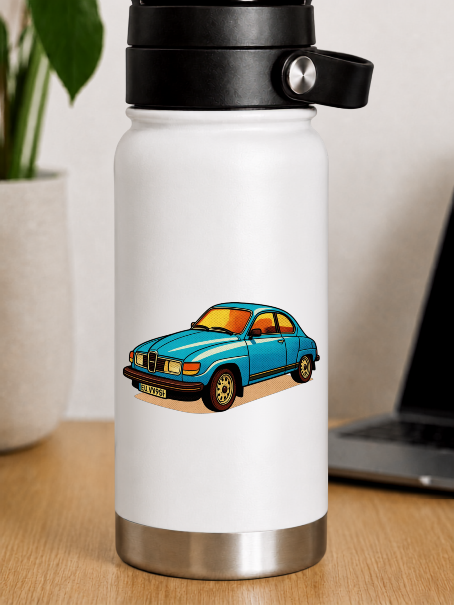 Blå SAAB Retro Klistermärke – Klassisk Svensk Bil i Vintage Pop Art