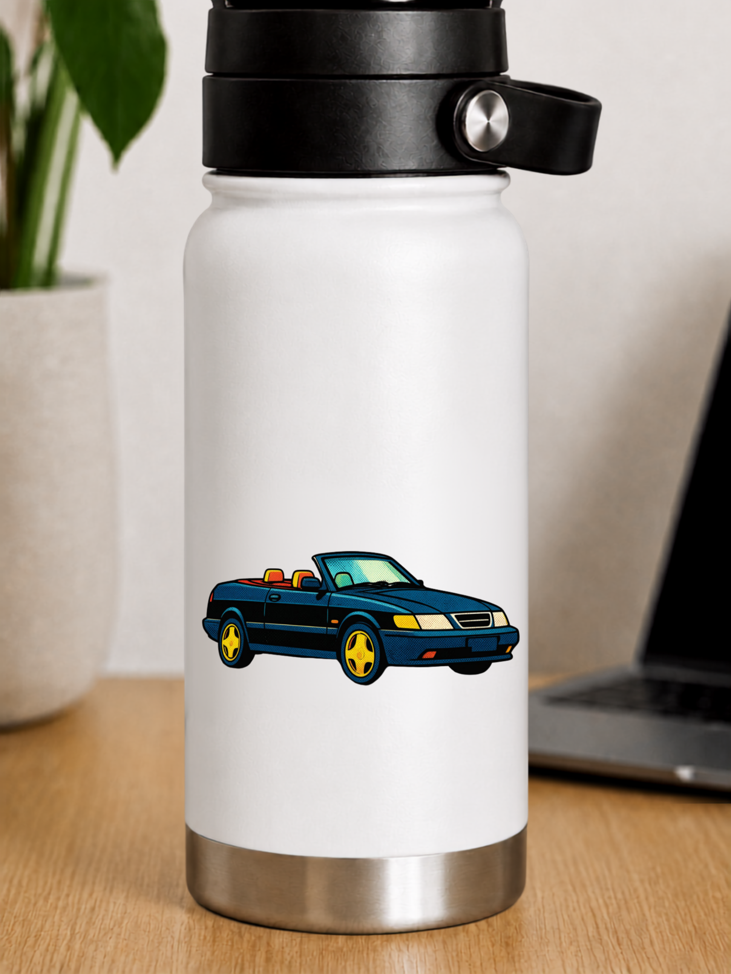 Blå Saab Cabriolet Retro Klistermärke – Klassisk Svensk Bil i Vintage Pop Art