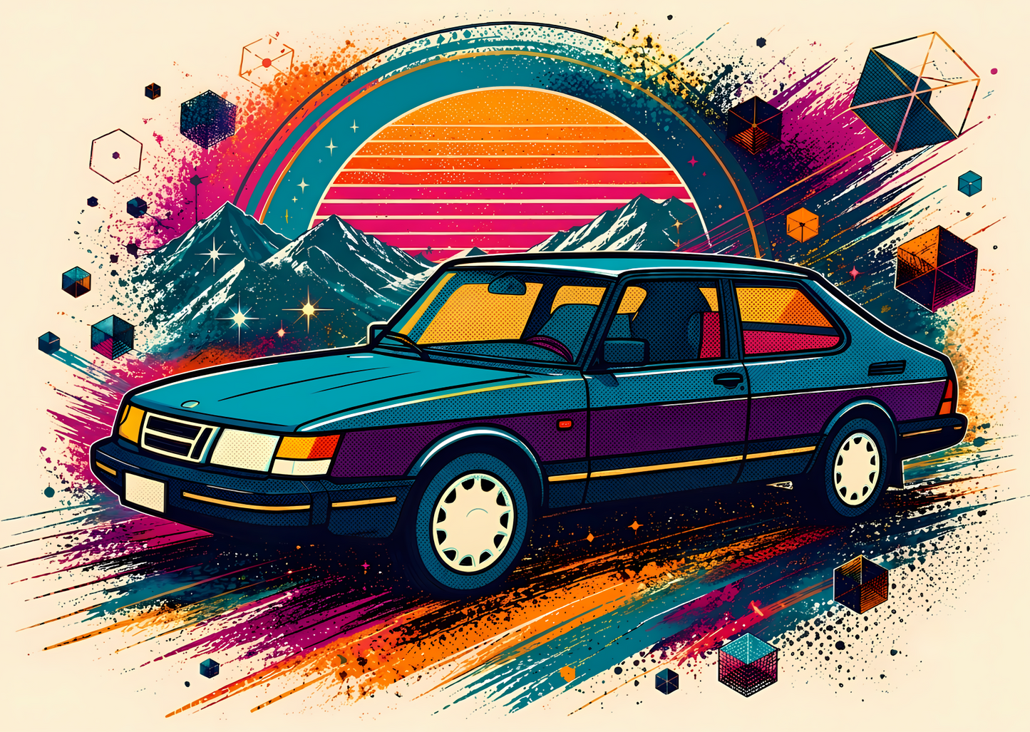 Retro Nordic Drive – Klassisk Bil i Synthwave Stil