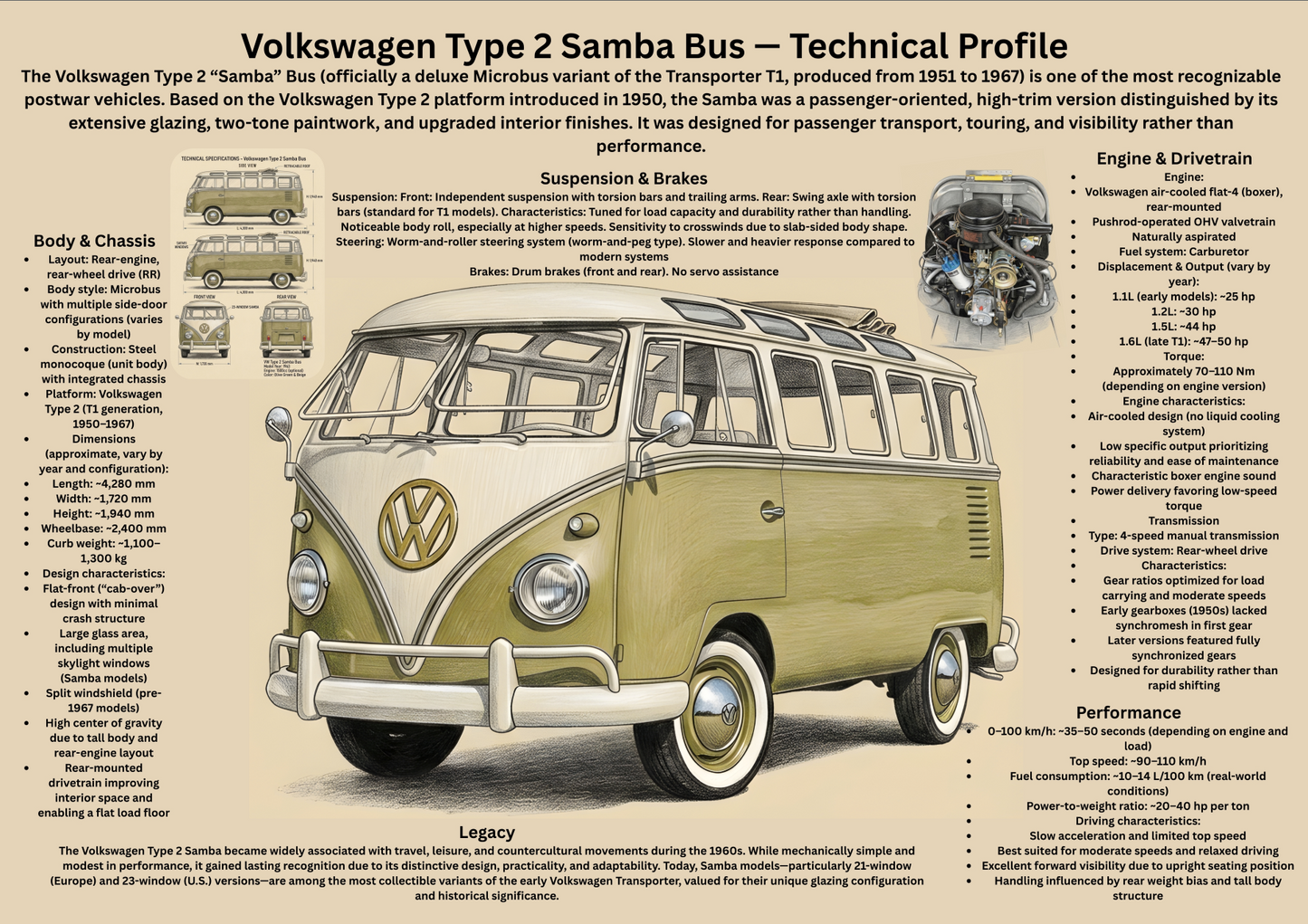 Volkswagen Type 2 Samba Bus Poster – Teknisk Profil