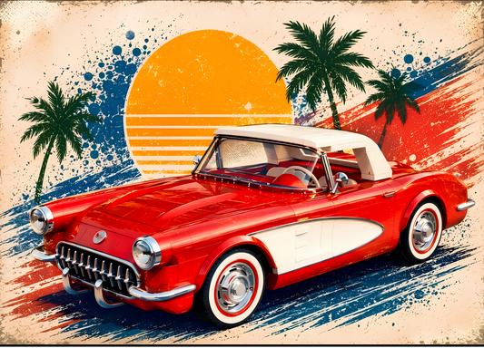 Retro Cabriolet Poster – Klassisk Amerikansk Bil vid Solnedgång A2 & A3
