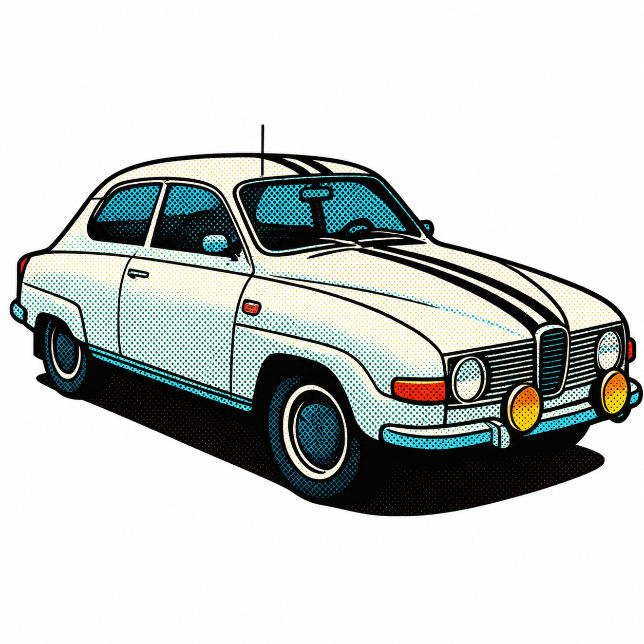 Vit SAAB 96 Retro Klistermärke – Klassisk Svensk Bil med Racingränder