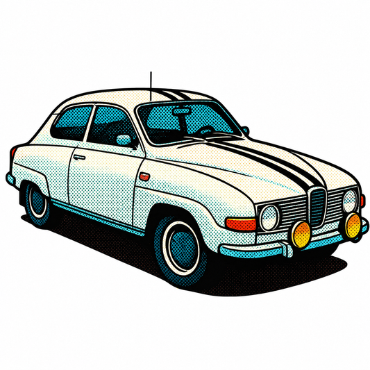 Vit SAAB 96 Retro Klistermärke – Klassisk Svensk Bil med Racingränder