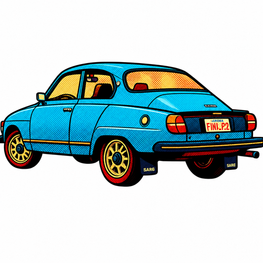 Blå SAAB  Retro Klistermärke – Klassisk Svensk Bil i Vintage Pop Art