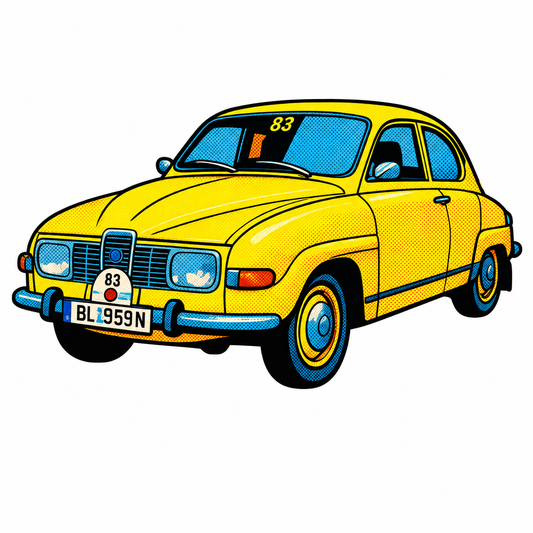 Gul SAAB 96 Retro Klistermärke – Klassisk Svensk Bil i Vintage Pop Art
