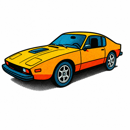 Gul Saab Retro Klistermärke – Klassisk Svensk Sportbil i Vintage Pop Art