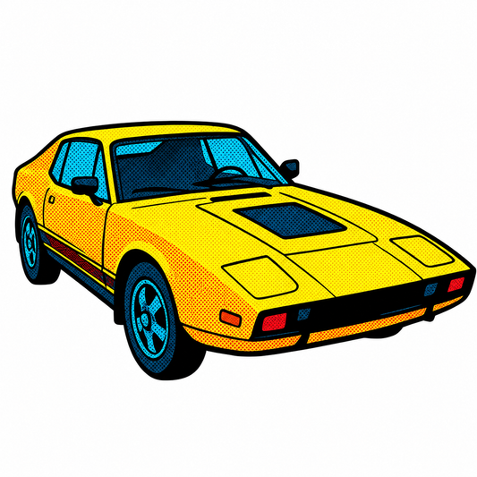 Gul Saab  Retro Klistermärke – Klassisk Svensk Sportbil i Vintage Pop Art