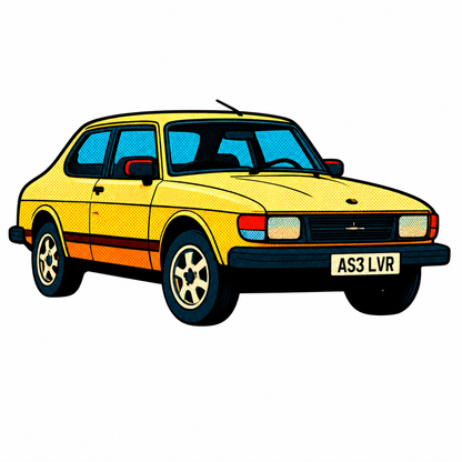 Gul Saab Retro Klistermärke – Klassisk Svensk Bil i Vintage Pop Art