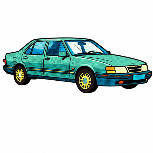 Blå Saab 900 Sedan Retro Klistermärke – Klassisk Svensk Bil i Vintage Pop Art