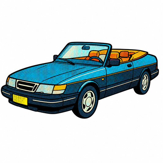 Blå Saab Cabriolet Retro Klistermärke – Klassisk Svensk Bil i Vintage Pop Art