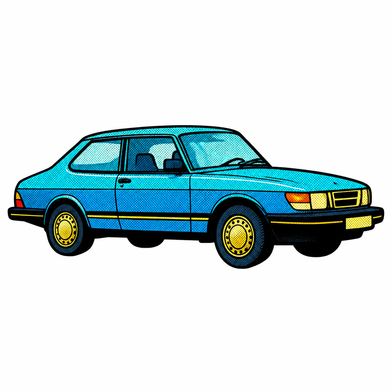 Blå Saab Retro Klistermärke – Klassisk Svensk Bil i Vintage Pop Art