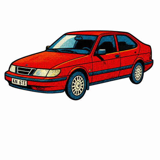 Röd Saab 900 Sedan Retro Klistermärke – Klassisk Svensk Bil i Vintage Pop Art