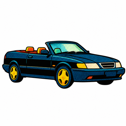 Blå Saab Cabriolet Retro Klistermärke – Klassisk Svensk Bil i Vintage Pop Art