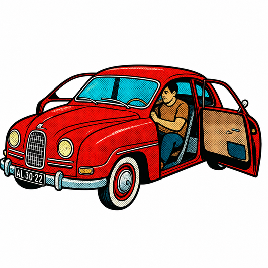 Saab 96 Klistermärke – Klassisk Röd Svensk Bil | Retro Sticker