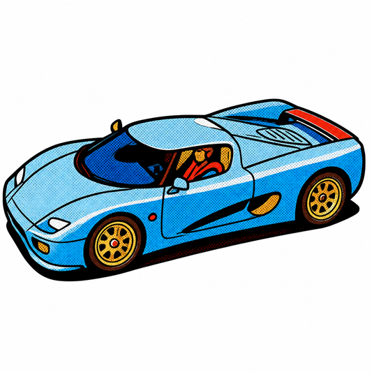 Koenigsegg CC Klistermärke – Blå Hyperbil i Retro Pop Art Stil  7.9 cm