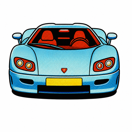 Koenigsegg CC Klistermärke – Blå Hyperbil i Retro Pop Art Stil  5cm i längden