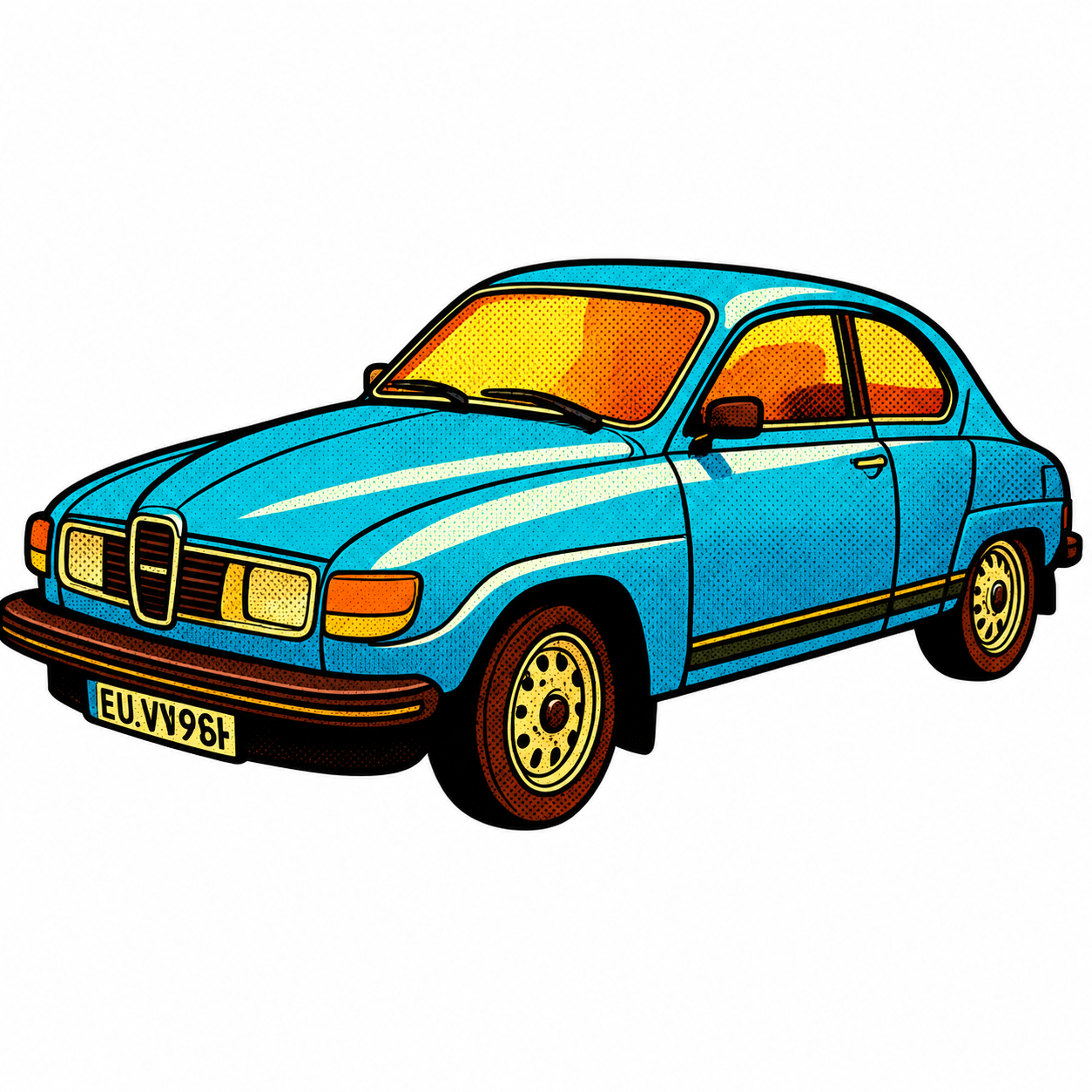 Blå SAAB Retro Klistermärke – Klassisk Svensk Bil i Vintage Pop Art