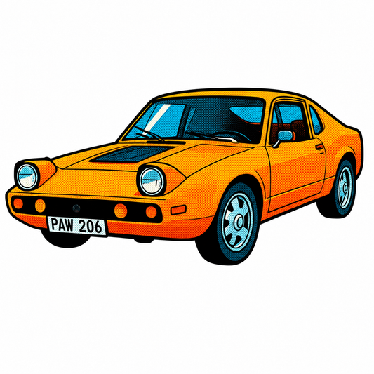 Orange Saab Sonett III Retro Klistermärke – Klassisk Svensk Sportbil i Vintage Pop Art