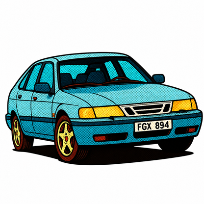 Blå Saab 900 Sedan Retro Klistermärke – Klassisk Svensk Bil i Vintage Pop Art