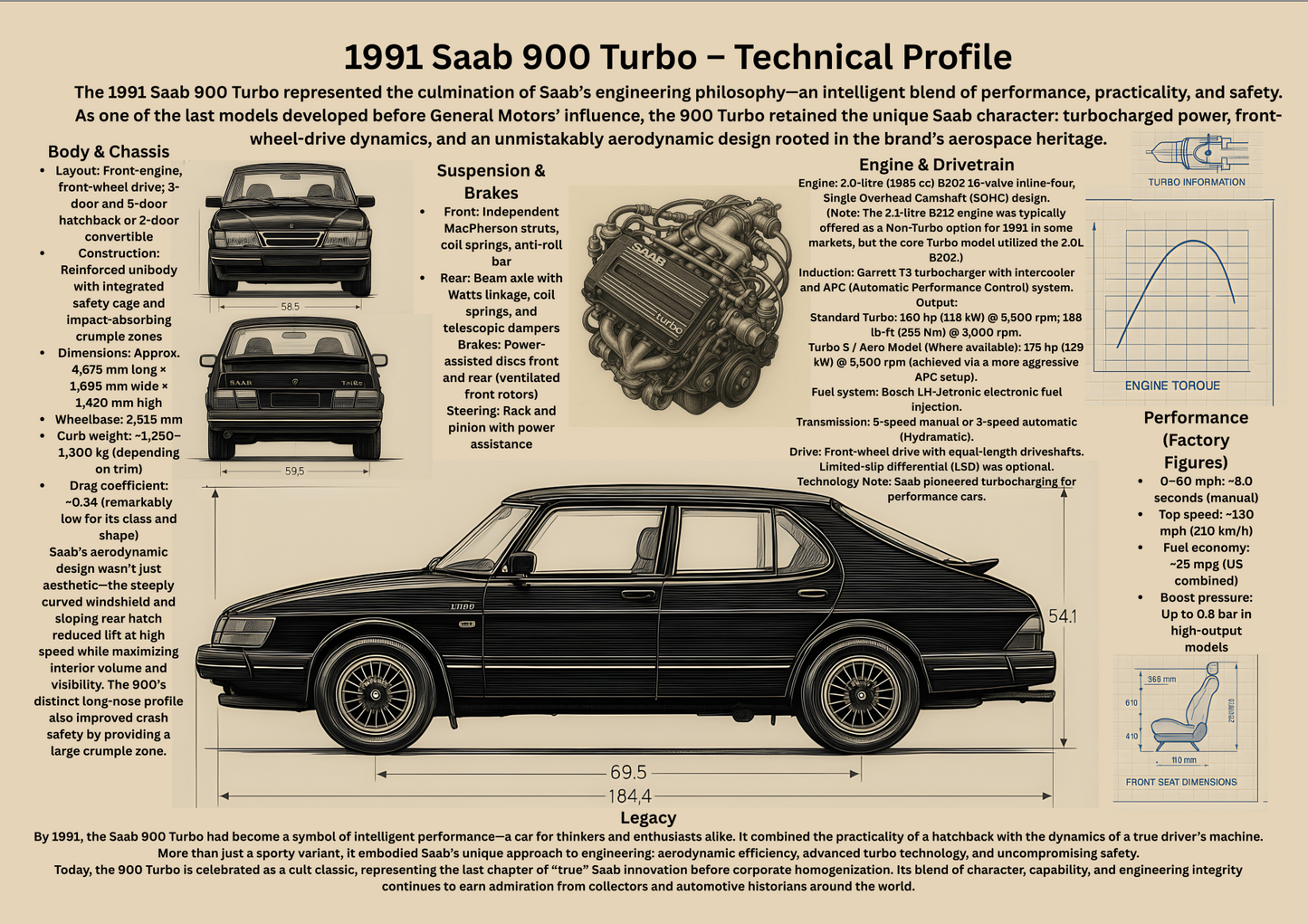Saab 900 Turbo 1991 Poster – Technical Profile