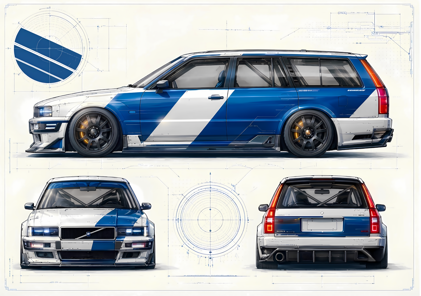Swedish Performance Wagon Blueprint Poster – Technical Motorsport Wall Art A2 & A3
