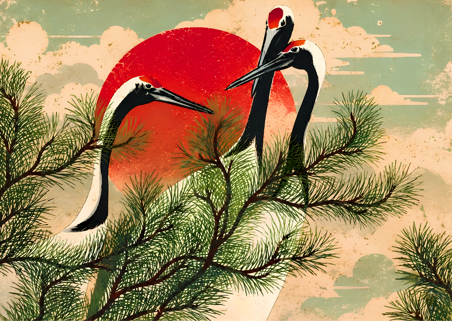 Japansk Trankonst Poster – Elegant Naturkonst med Röd Sol A2 & A3