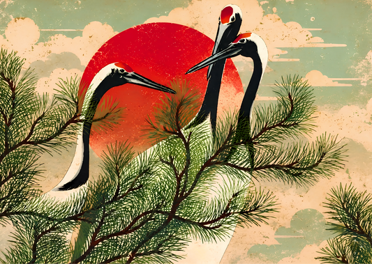 Japansk Trankonst Poster – Elegant Naturkonst med Röd Sol A2 & A3