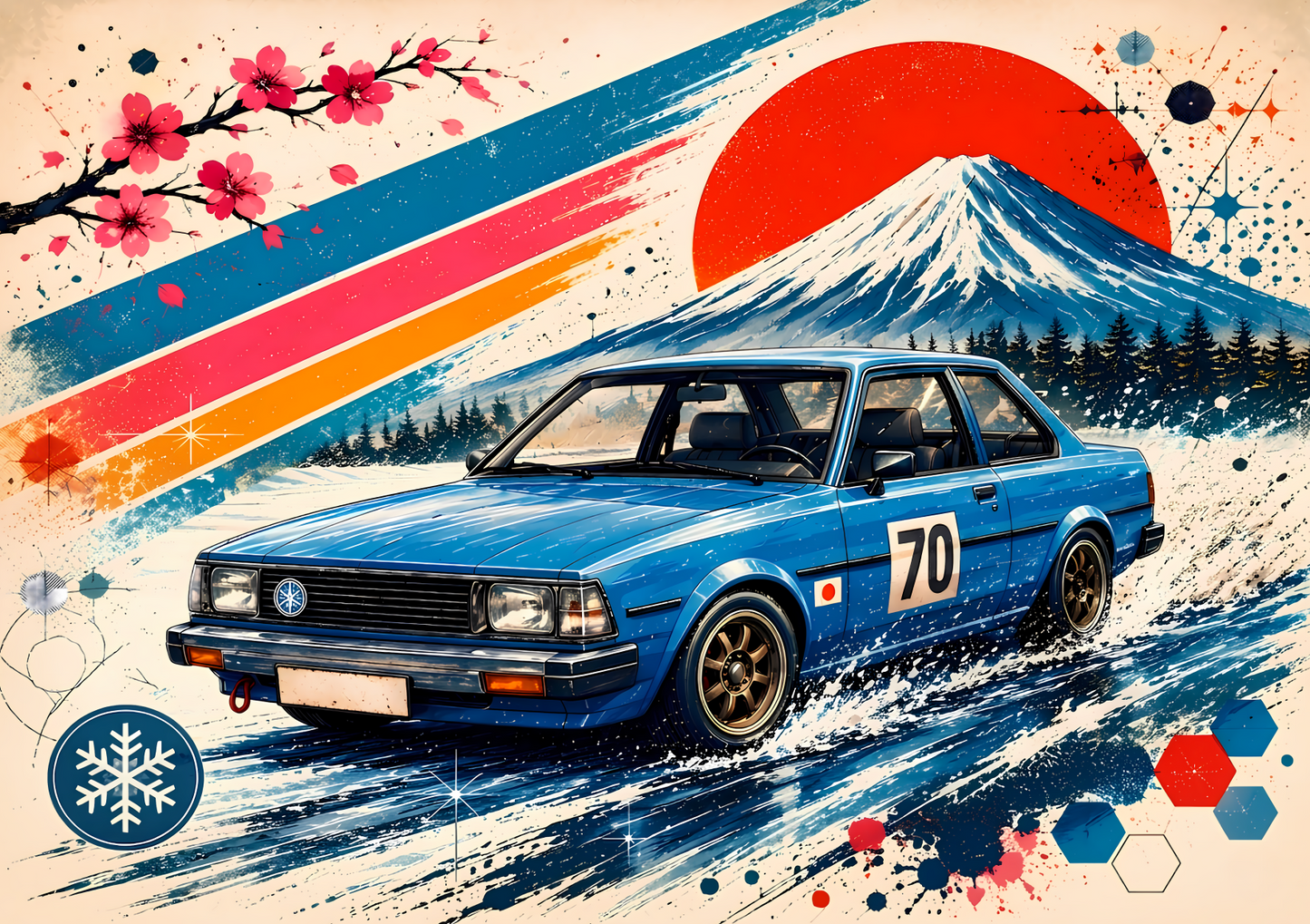 Japansk Driftbil Poster – Vinterracing vid Mount Fuji A2 & A3