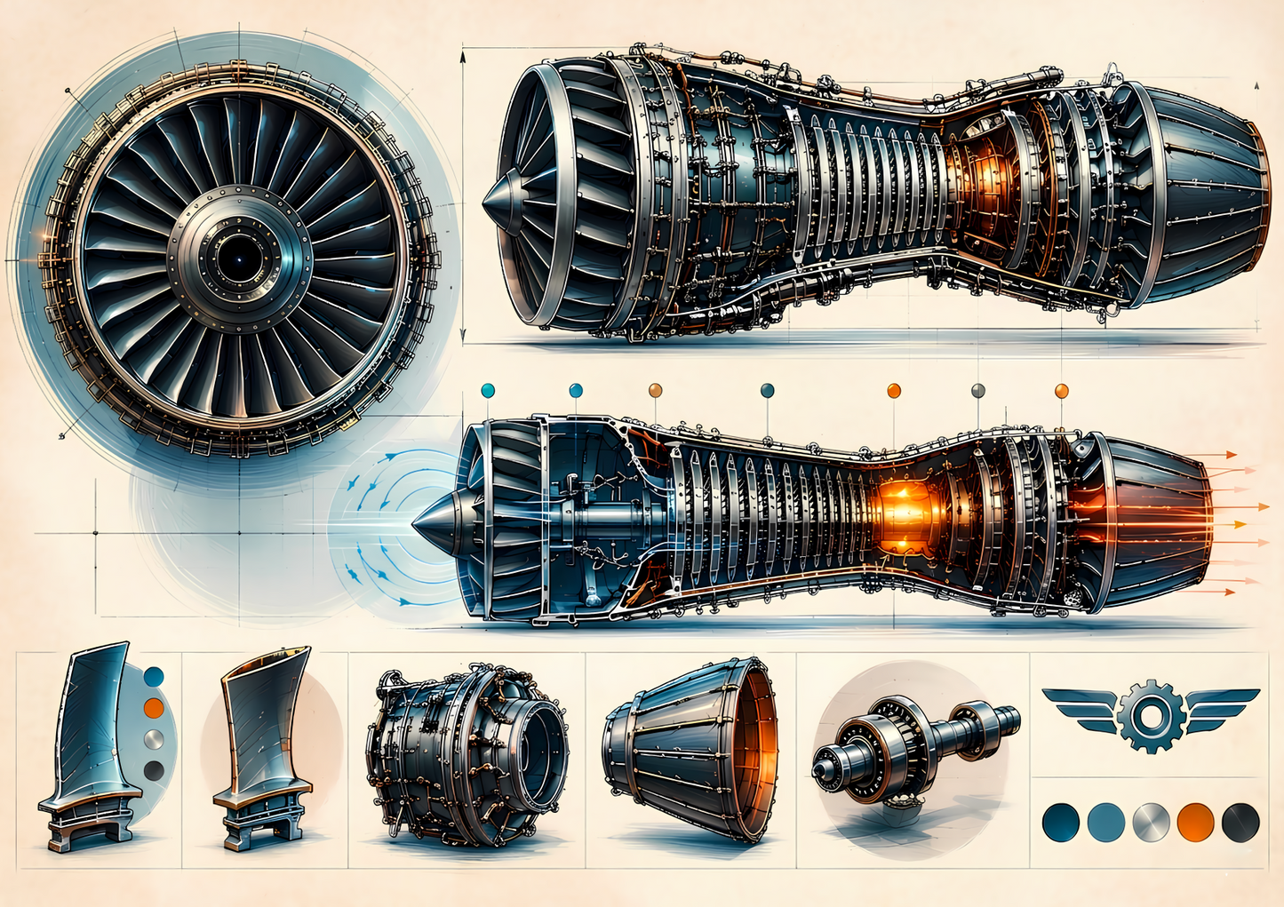 Jetmotor Blueprint Poster – Flygteknisk Väggkonst A2 & A3