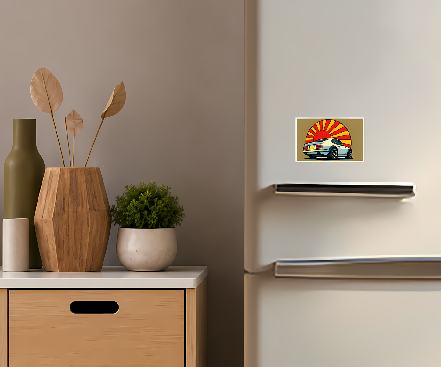 Retro Kylskåpsmagnet – Solnedgång och Klassisk Bilkonst i Skandinavisk Vintage Stil
