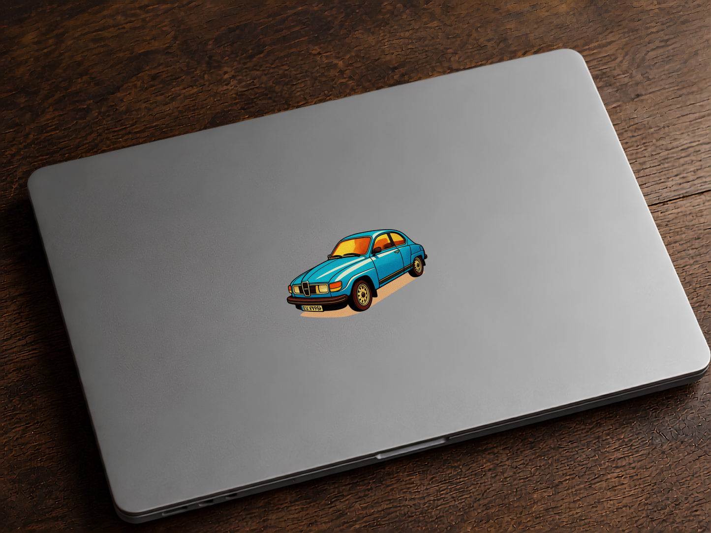 Blå SAAB Retro Klistermärke – Klassisk Svensk Bil i Vintage Pop Art