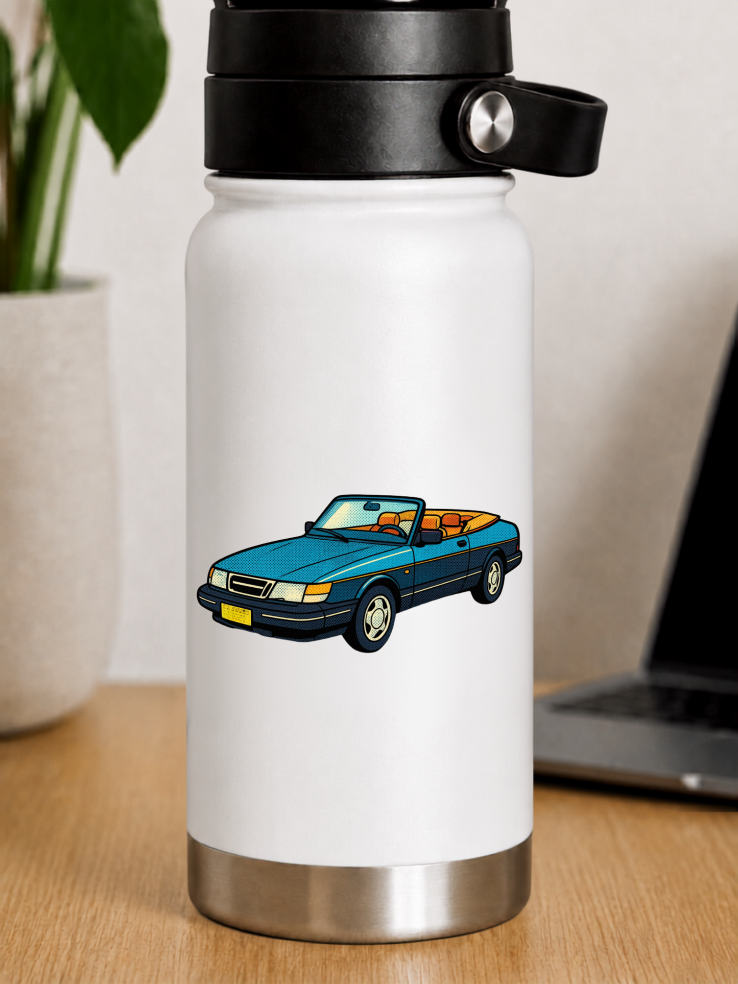 Blå Saab Cabriolet Retro Klistermärke – Klassisk Svensk Bil i Vintage Pop Art
