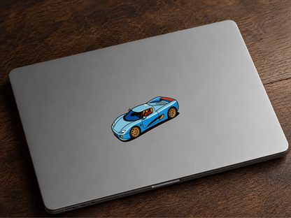Koenigsegg CC Klistermärke – Blå Hyperbil i Retro Pop Art Stil  7.9 cm