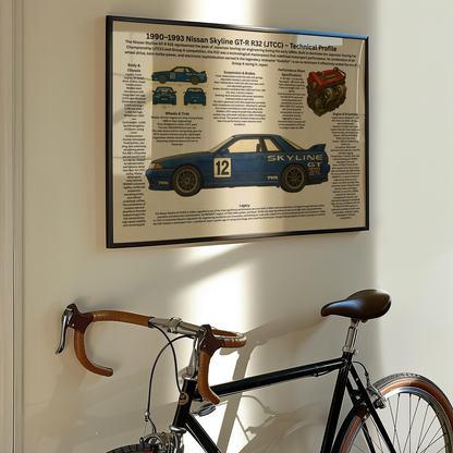 Nissan Skyline GT-R R32 (JTCC Gruppe A) Poster – Technisches Profil (1990–1993)