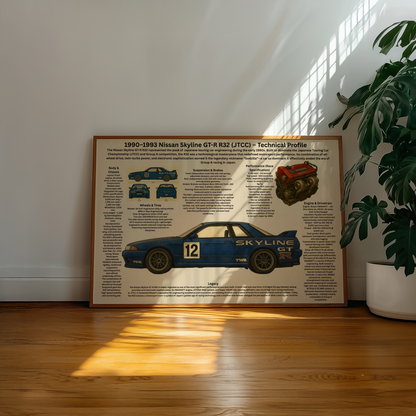 Nissan Skyline GT-R R32 (JTCC Gruppe A) Poster – Technisches Profil (1990–1993)